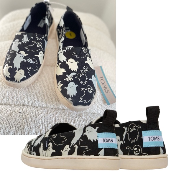 TOMS Alpargatas Ghost Print Pattern Glow In The Dark Slip-Ons 1 Youth Kid - Picture 3 of 4
